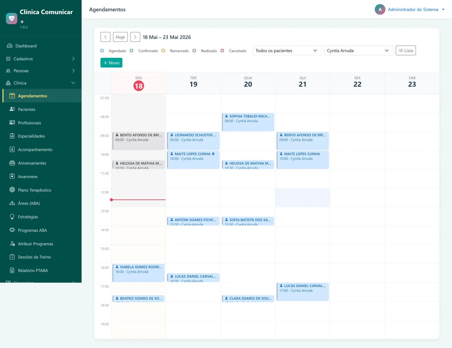 Agenda multidisciplinar com sessões de terapia ABA, fonoaudiologia e psicologia